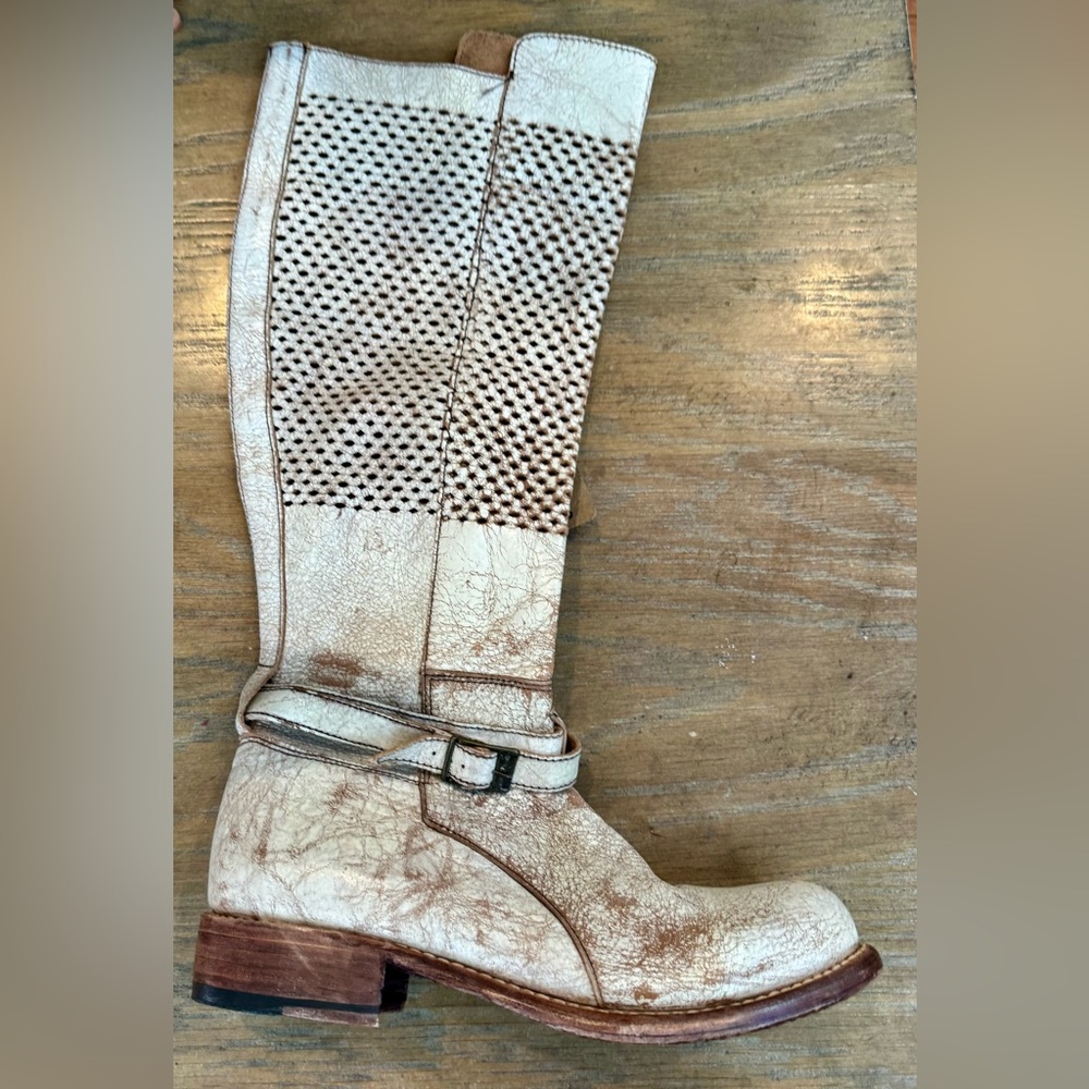 Bed Stu White and Brown Perforated Leather Heeled Boots